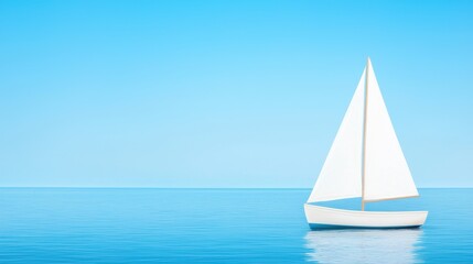Fototapeta premium A serene scene featuring a lone white sailboat gliding across calm blue waters under a clear sky, perfect for evoking feelings of peace, adventure, and relaxation.