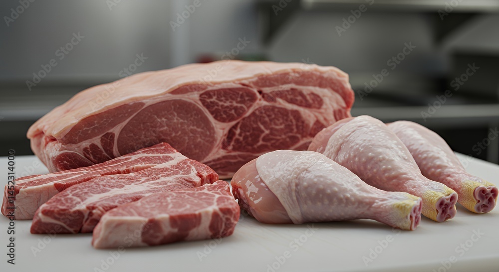 Poster hyperrealistic still life featuring assorted raw meats on white butcher block under soft diffused st