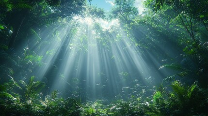 Fototapeta premium Sunbeams Illuminating Lush Rainforest Canopy