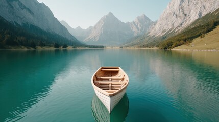 Obraz premium A serene view of a wooden boat floating on a crystal clear lake, surrounded by majestic mountains. The tranquil atmosphere evokes a sense of adventure and peace in nature.