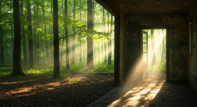 Sunlight Streaming Through Forest with Dappled Shadows and Natural Pathway