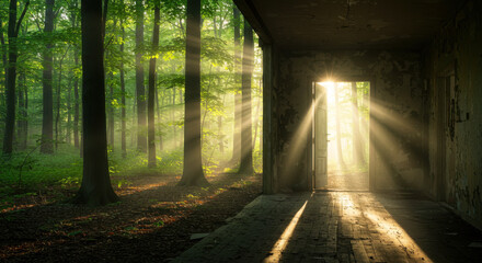 Obraz premium Sunlight Streaming Through Forest with Dappled Shadows and Natural Pathway
