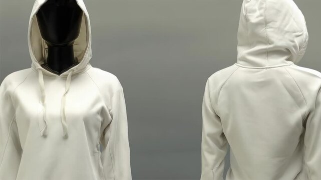 Front and back view of a plain hooded sweatshirt on a mannequin, a blank mockup ready for customization or design, product photography