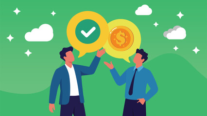 Business vector illustration showing two men in discussion with checkmark and dollar sign icons in speech bubbles, symbolizing financial agreement, deal-making, success, and business communication.