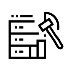 Data Mining Icon with Server Stack and Pickaxe,A black outline icon illustrating data mining with a pickaxe and server stack, ideal for technology and data-related designs