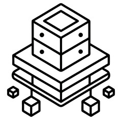 3D Data Storage and Cube Stack Icon,A black outline 3D icon representing data storage with stacked cubes, ideal for digital infrastructure and technology-themed designs