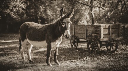 A donkey calmly stands near an old wooden cart in a tranquil outdoor setting. The soft light of the golden hour casts a warm glow, enhancing the peaceful atmosphere