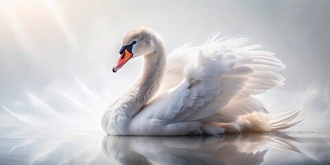 Fototapeta premium Graceful Young Swan Posing Against Pure White Background - Aerial View