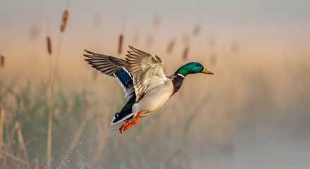 Obraz premium Mallard Duck Soaring Above Water Grassland Landscape with Wings Extended and Water Dripping in the Golden Hour Light Capturing Wildlife in Natural Environment