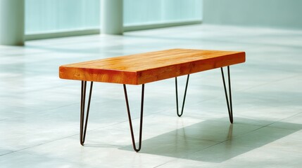 A stylish wooden coffee table with slender metal legs, placed in a modern, open space, perfect for enhancing contemporary home decor and creating an inviting atmosphere.