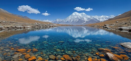 Obraz premium Majestic Mountain Lake Reflection: A Serene Himalayan Landscape