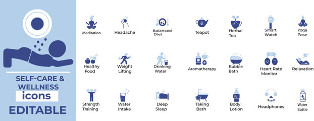 Clean, editable self-care and wellness icons ideal for health, mindfulness, spa, lifestyle, and mental well-being designs