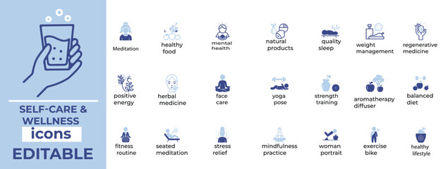 Clean, editable self-care and wellness icons ideal for health, mindfulness, spa, lifestyle, and mental well-being designs