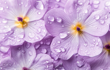 Obraz premium A close-up of delicate purple flowers with morning dew, set against a soft pastel background, creates an enchanting