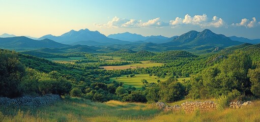 Serene Mountain Valley Landscape: A Breathtaking Panorama of Lush Greenery and Rolling Hills Under a Sunny Sky
