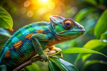 Fototapeta premium Half-Colored Chameleon Aerial View: Vibrant Reptile in Tropical Habitat