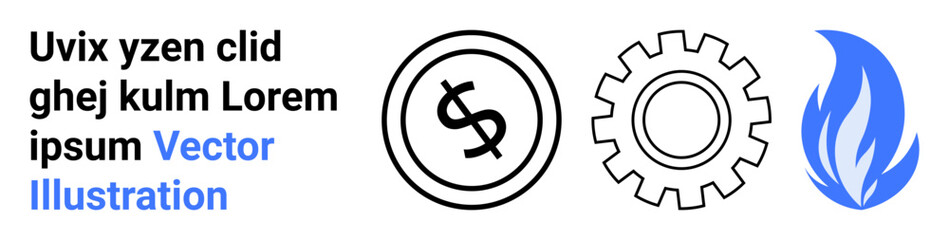 Black currency symbol within a circle, black gear, and blue flame icon. Ideal for finance, industry, innovation, energy, economics digital systems creative design. Abstract line flat metaphor