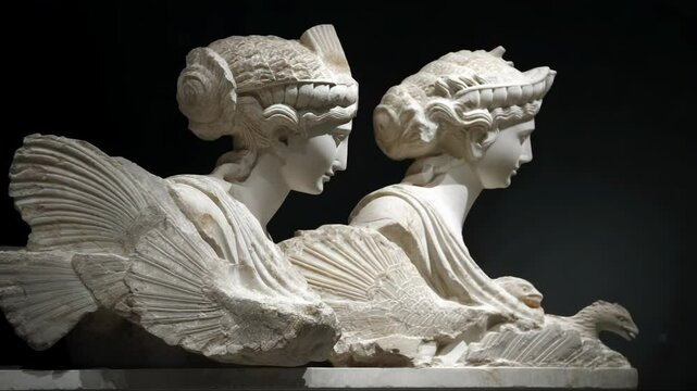 Two marble sphinx statues with human faces and winged lion bodies on display, showcasing ancient sculpture craftsmanship and mythological creatures.