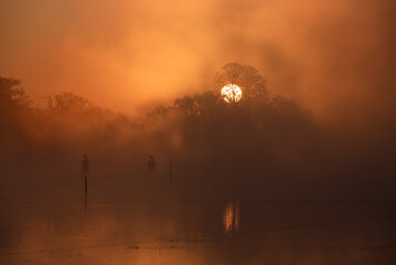 Słoneczny wiosenny majowy świt nad wodą, promienie słońca we mgle, tło natury. © Elżbieta Kaps