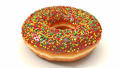 Round donut, glazed and sprinkled with colorful sprinkles.  Doughnut with chocolate icing and red, green, and yellow sprinkles