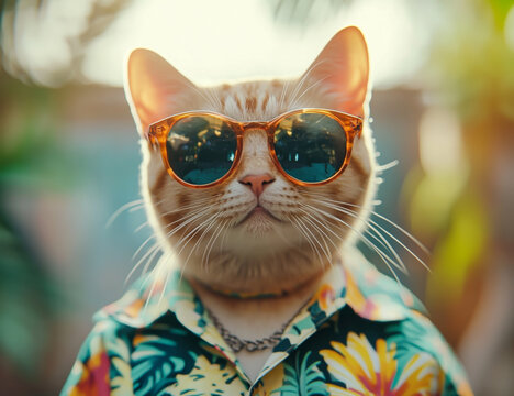 A cute cat wearing sunglasses and a Hawaiian shirt, a movie still, funny and cinematic