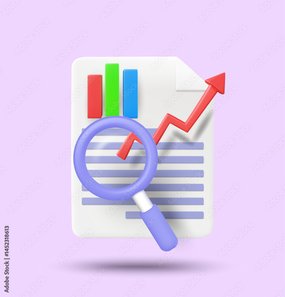 Aufkleber 3d illustration vector render business document icon showing uptrend graph with magnifying glass in 