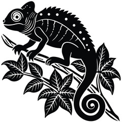 Black and White Chameleon Illustration on Branch Vector Graphic Reptile Art