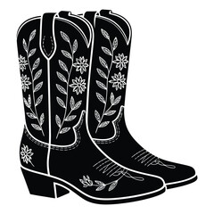 Embroidered cowboy boots Silhouette, Vector, Icon, Logo, White Background.