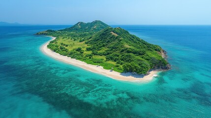Fototapeta premium Aerial View of Serene Island Paradise: Lush Green Hills, Pristine Beach, and Turquoise Waters
