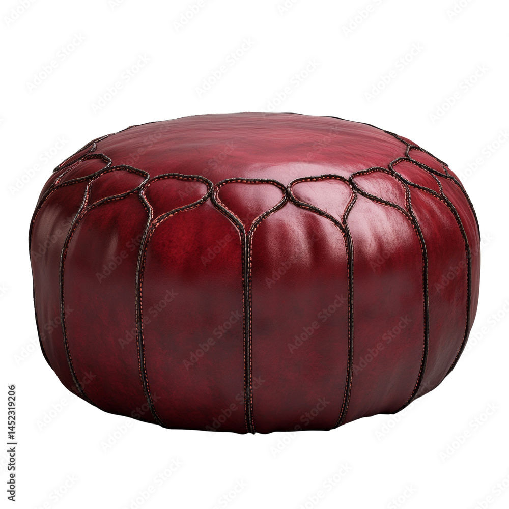 Poster elegantly designed burgundy leather pouf with intricate stitching pattern, perfect for minimalist sp