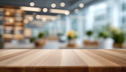 Fototapeta premium A wooden tabletop in sharp focus with a blurred modern indoor setting and warm lighting in the background.