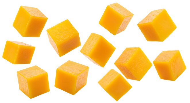 Mango cubes floating on clean white background