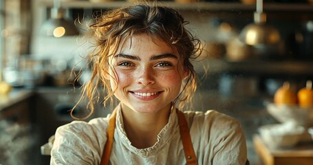 Young woman smiling warmly in a cozy kitchen filled with pumpkins and cooking tools