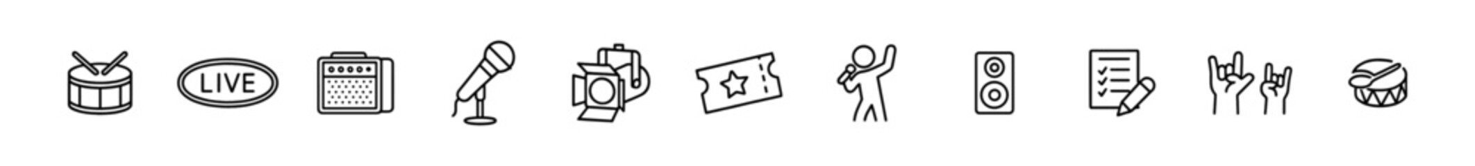 Fototapeta premium Music icons set: drums, microphones, speakers, and more. Vector icons