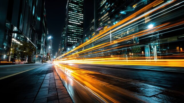 City lights create dynamic streaks in a long-exposure shot, showcasing bustling activity and energy in a modern urban setting at night. The movement reflects the vibrancy of city life