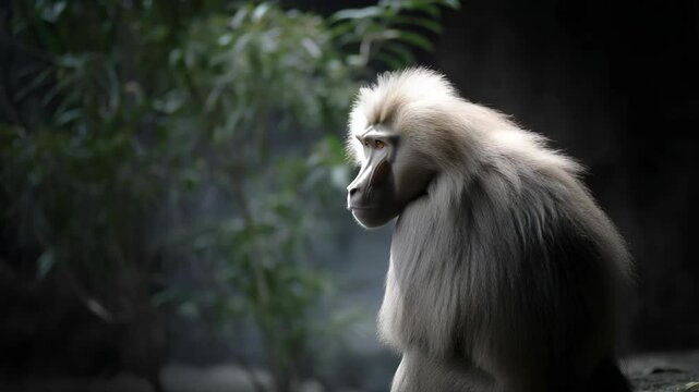 Adult Gelada baboon with thick light-colored fur sits pensively near green foliage within a partially shaded environment
