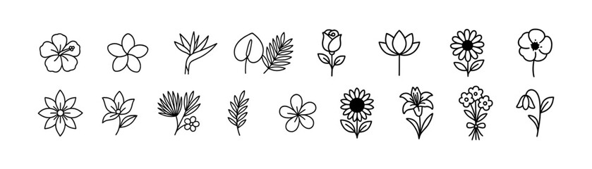 Floral doodle icons set. Vector outline icons