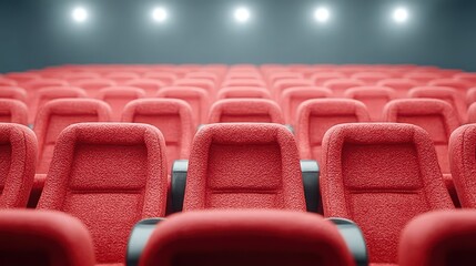 An empty row of red theater seats illuminated by soft lighting, creating a sense of anticipation for the upcoming movie