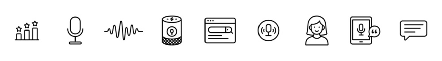 Fototapeta premium Voice technology icons: microphone, voice wave, and assistant. Vector outline icons