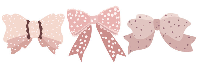 Set of pink girly vintage bows. Bows of different shapes with polka dots. Bow for hair decoration. Isolated ribbons. Fashion accessories for girls.
