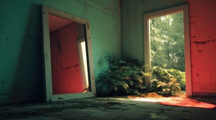 A reflective surface reveals an alternate reality within an abandoned space, where light streams through an open door, illuminating wild greenery and contrasting colors