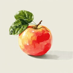 Vintage Apple Illustration: Detailed Botanical Art of a Red and Yellow Apple with Green Leaves on a Cream Background for Food and Nature Themes