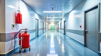 Hospital Corridor Safety Equipment: Fire Extinguisher, Defibrillator & First Aid Kit