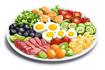 A visually appealing and well-balanced plate of food, including fish, eggs, fruits, vegetables, cheese, and pasta, in an isometric view, a white background