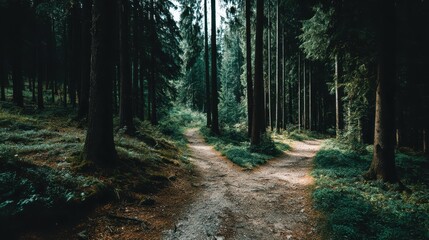 Two distinct paths diverge within a dense forest, inviting exploration. Tall trees surround the trails, with vibrant greenery adorning the forest floor, suggesting a tranquil moment in nature