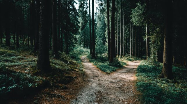 Two distinct paths diverge within a dense forest, inviting exploration. Tall trees surround the trails, with vibrant greenery adorning the forest floor, suggesting a tranquil moment in nature