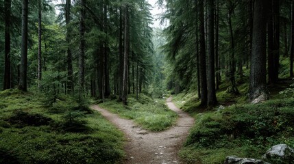 Obraz premium A winding trail forks in a lush forest, surrounded by tall trees and vibrant greenery. The atmosphere is serene and tranquil, offering moments of reflection amidst nature's beauty