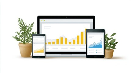 Modern digital devices displaying growth charts, surrounded by potted plants