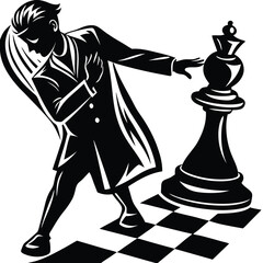 Chess Strategy Illustration: Man in Suit Moving Queen Piece on Chessboard Art