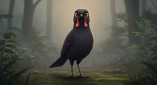 Captivating portrayal of the wattled umbrellabird in a misty, natural forest environment